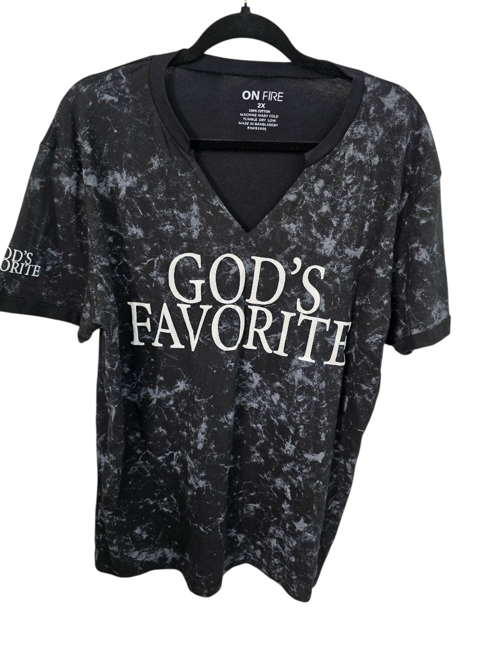 On Fire Black Marble-Print 'GOD'S FAVORITE' V-Neck Tee, NWT